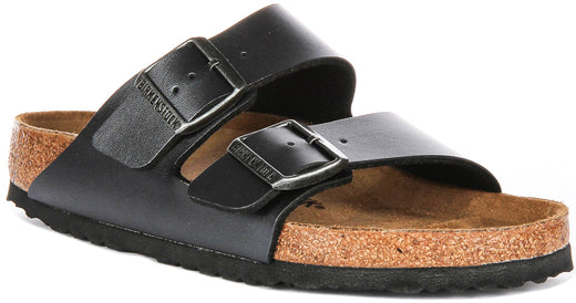 Sandales Birkenstock Arizona | Birko-Flor noir métallisé - Finition métallisée pour femme - Coupe régulière
