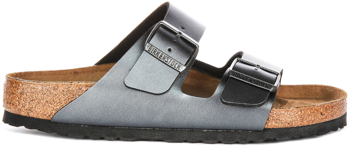 Sandales Birkenstock Arizona | Birko-Flor noir métallisé - Finition métallisée pour femme - Coupe régulière
