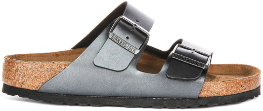 Sandales Birkenstock Arizona | Birko-Flor noir métallisé - Finition métallisée pour femme - Coupe régulière