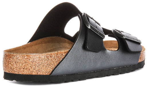 Sandales Birkenstock Arizona | Birko-Flor noir métallisé - Finition métallisée pour femme - Coupe régulière