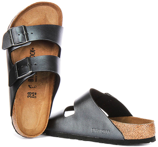Sandales Birkenstock Arizona | Birko-Flor noir métallisé - Finition métallisée pour femme - Coupe régulière
