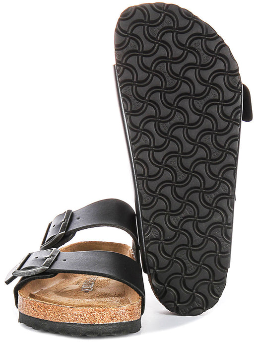 Sandales Birkenstock Arizona | Birko-Flor noir métallisé - Finition métallisée pour femme - Coupe régulière