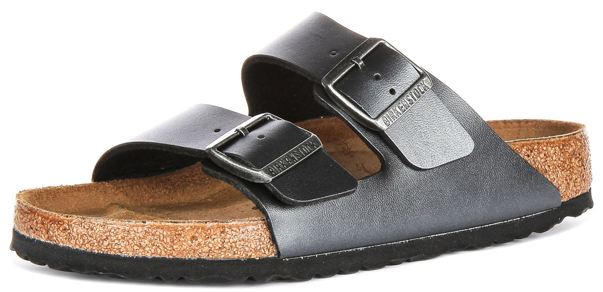 Sandales Birkenstock Arizona | Birko-Flor noir métallisé - Finition métallisée pour femme - Coupe régulière